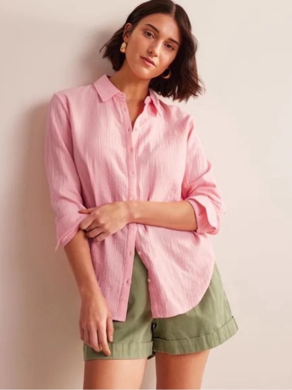Boden Crinkled Texture Cotton Button Down Shirt in Dahlia Pink